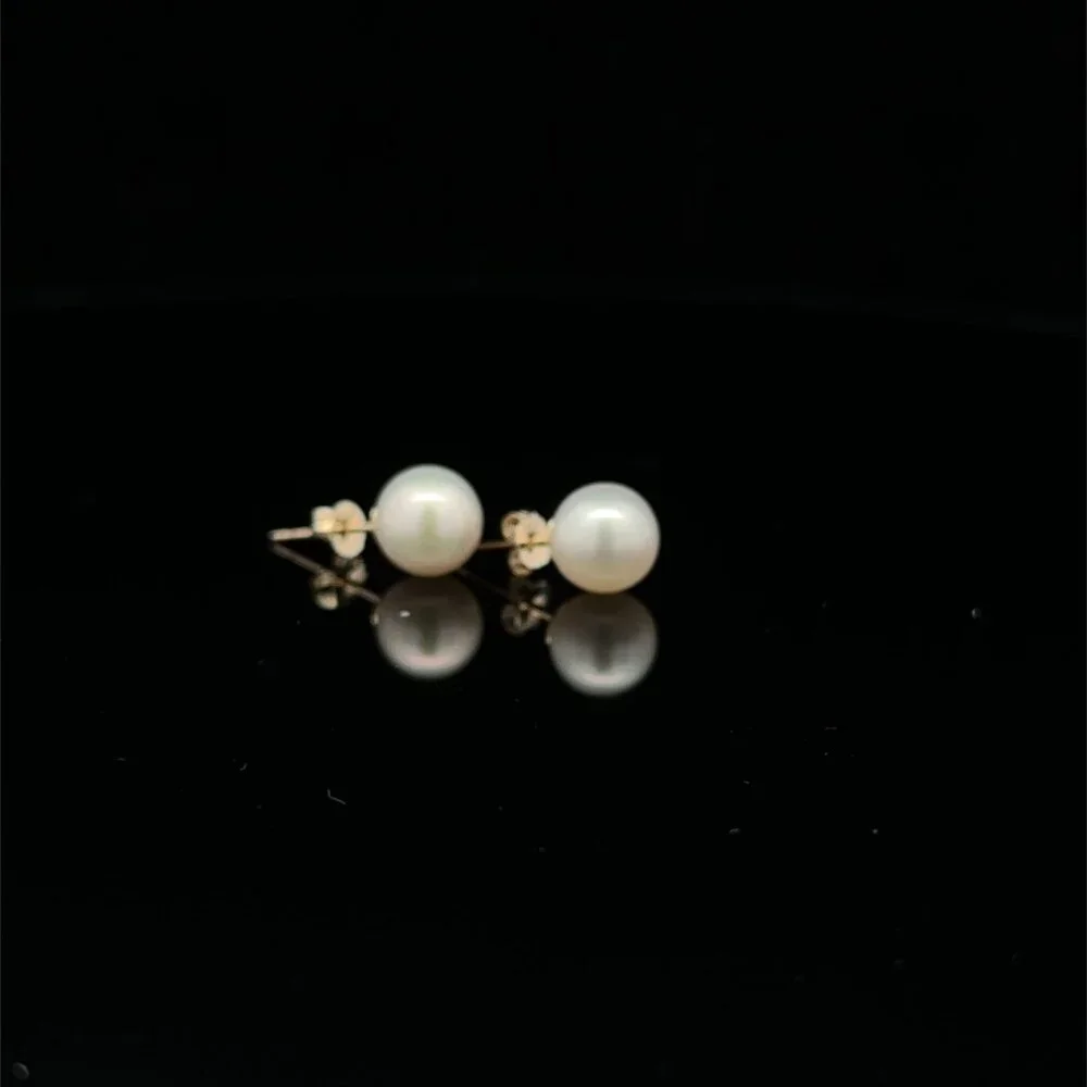 14K Gold Stud Earrings Freshwater Pearl 6.5mm - Picture 5 of 5